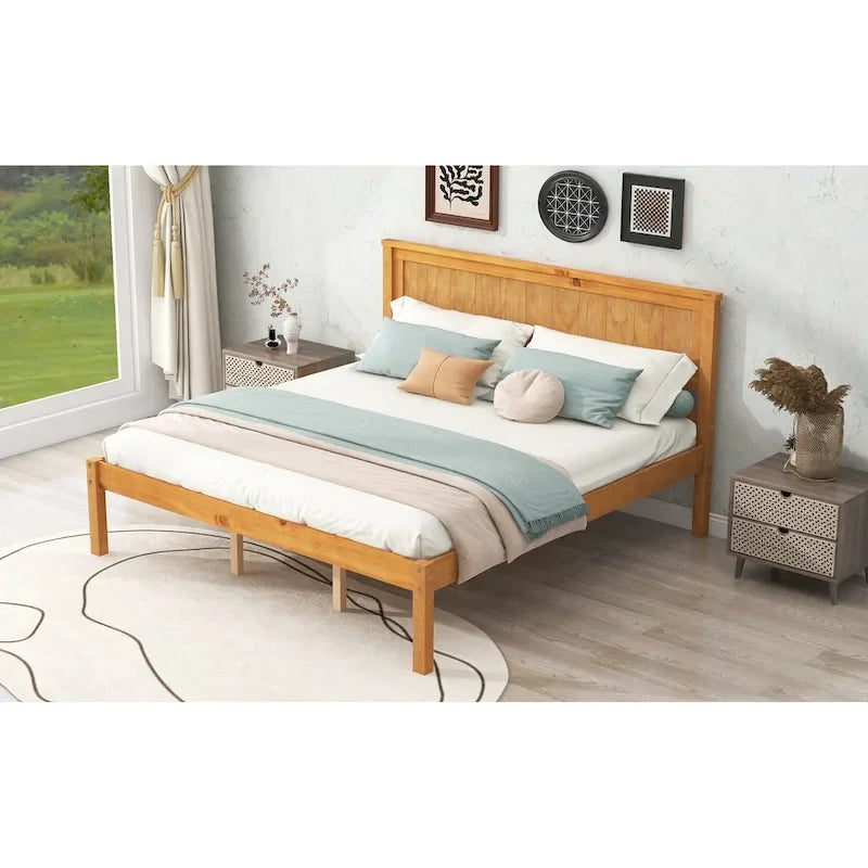 Lit plateforme en bois de pin chêne/expresso avec tête de lit et lattes – Grand lit double/grand lit, 2 personnes