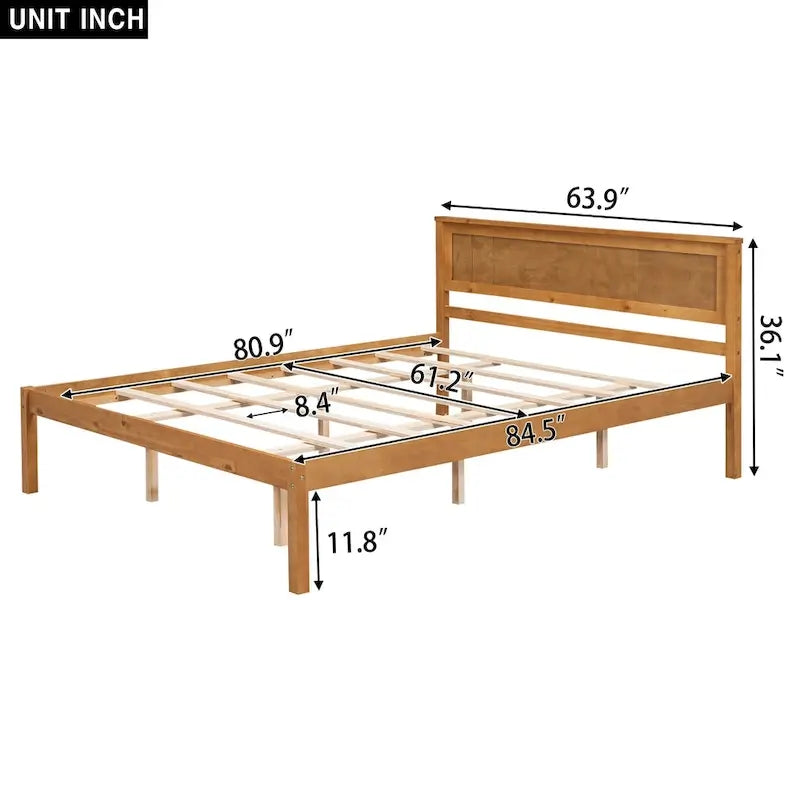 Lit plateforme en bois de pin chêne/expresso avec tête de lit et lattes – Grand lit double/grand lit, 2 personnes