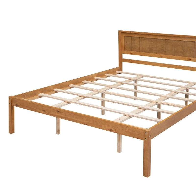 Lit plateforme en bois de pin chêne/expresso avec tête de lit et lattes – Grand lit double/grand lit, 2 personnes