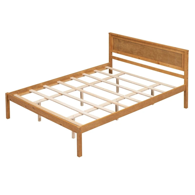 Lit plateforme en bois de pin chêne/expresso avec tête de lit et lattes – Grand lit double/grand lit, 2 personnes