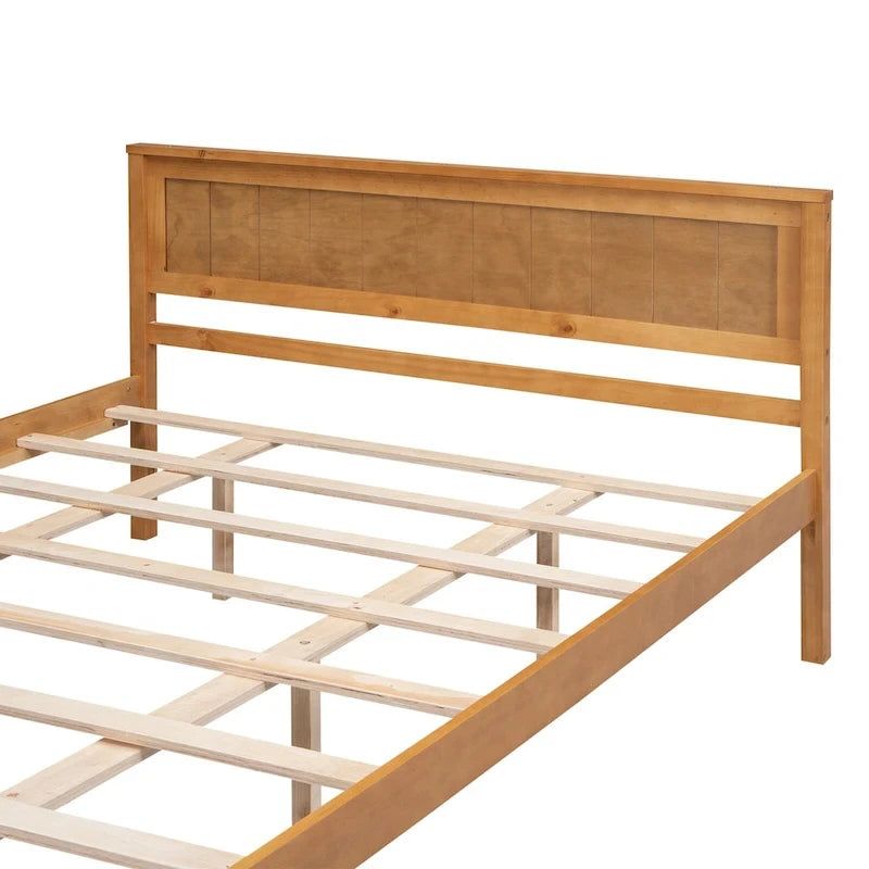 Lit plateforme en bois de pin chêne/expresso avec tête de lit et lattes – Grand lit double/grand lit, 2 personnes