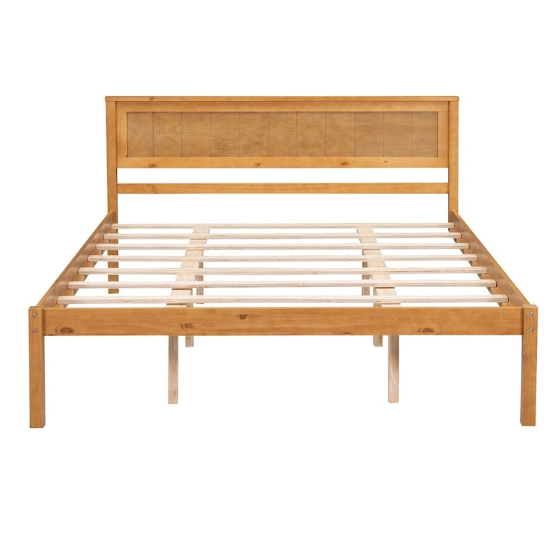 Lit plateforme en bois de pin chêne/expresso avec tête de lit et lattes – Grand lit double/grand lit, 2 personnes