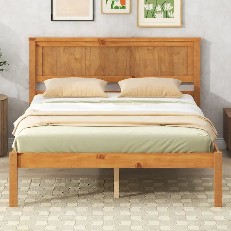 Lit plateforme en bois de pin chêne/expresso avec tête de lit et lattes – Grand lit double/grand lit, 2 personnes
