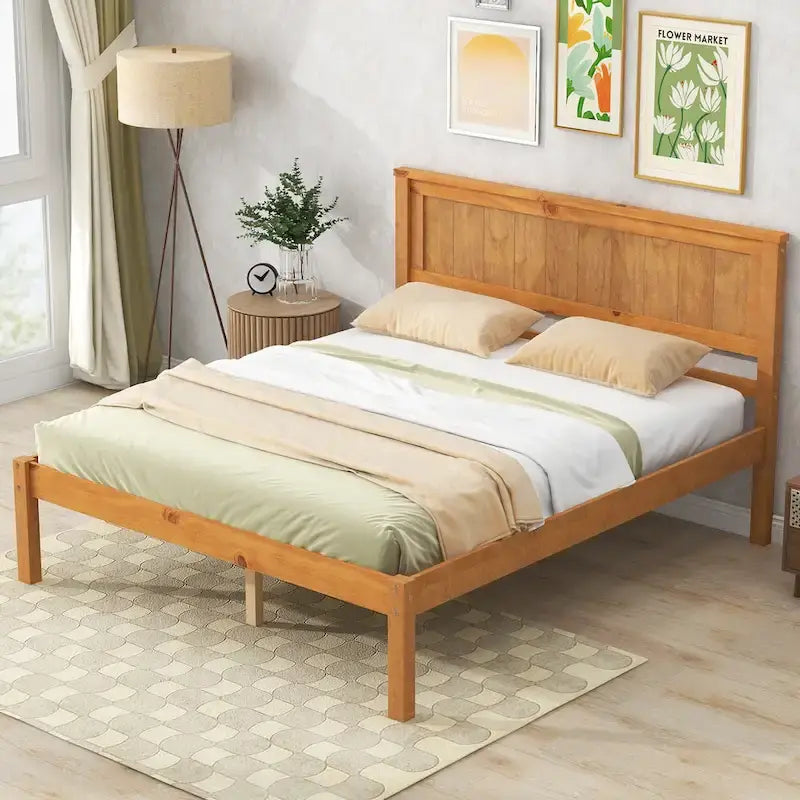 Lit plateforme en bois de pin chêne/expresso avec tête de lit et lattes – Grand lit double/grand lit, 2 personnes