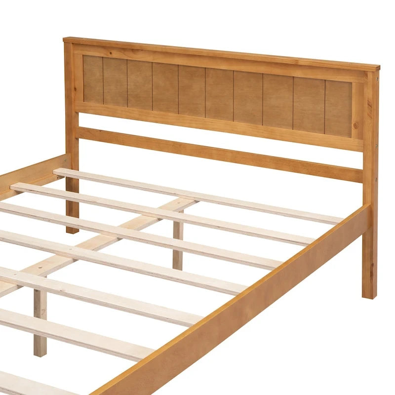 Lit plateforme en bois de pin chêne/expresso avec tête de lit et lattes – Grand lit double/grand lit, 2 personnes