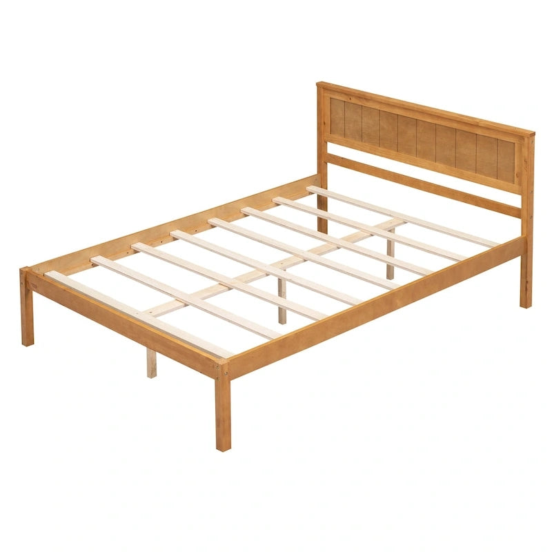 Lit plateforme en bois de pin chêne/expresso avec tête de lit et lattes – Grand lit double/grand lit, 2 personnes