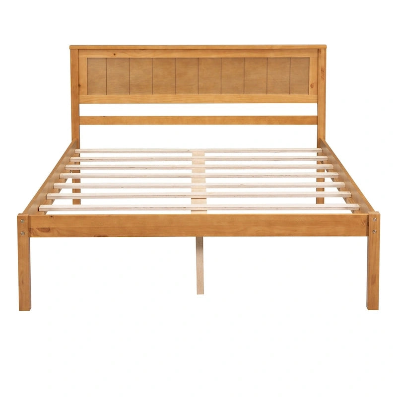 Lit plateforme en bois de pin chêne/expresso avec tête de lit et lattes – Grand lit double/grand lit, 2 personnes