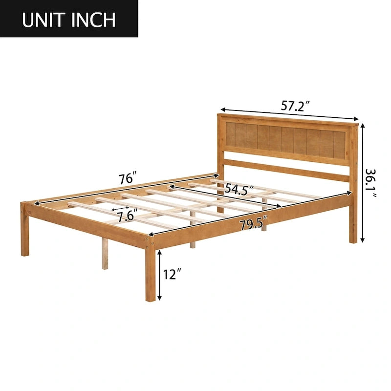 Lit plateforme en bois de pin chêne/expresso avec tête de lit et lattes – Grand lit double/grand lit, 2 personnes