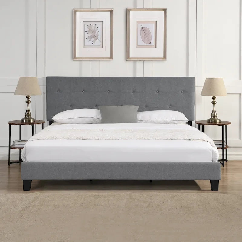 Lit Queen rembourré gris avec tête de lit capitonnée – 2 personnes