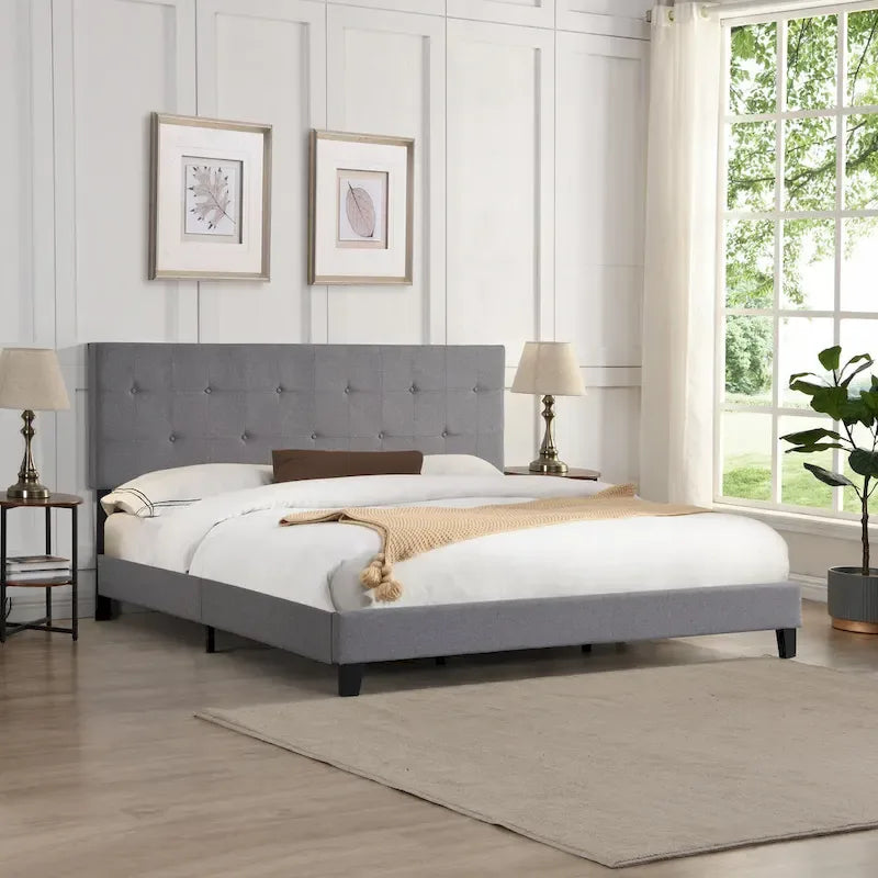 Lit Queen rembourré gris avec tête de lit capitonnée – 2 personnes