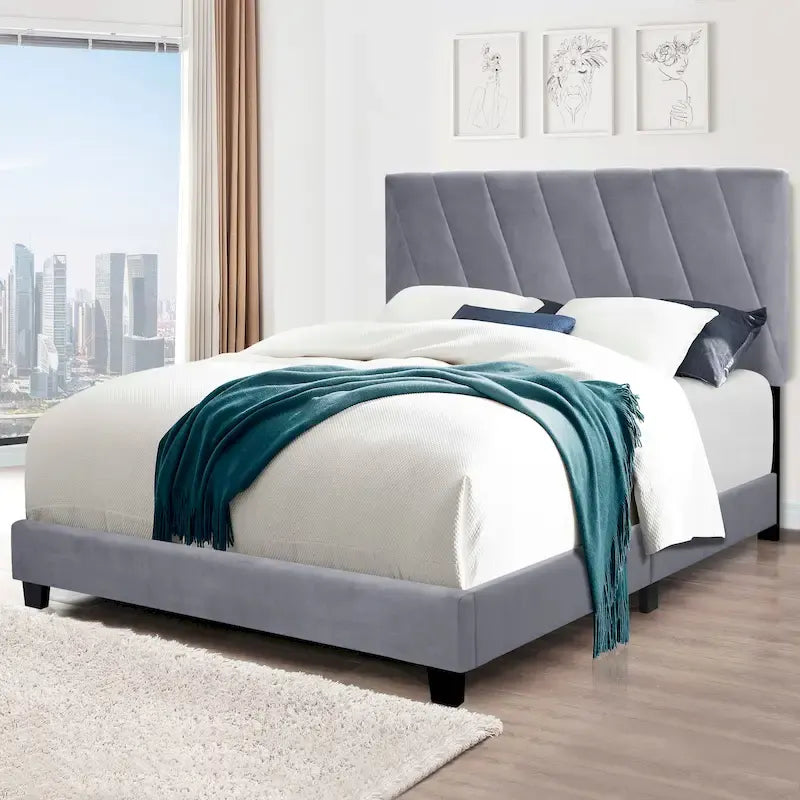Lit plateforme queen capitonné gris avec tête de lit réglable – 2 personnes