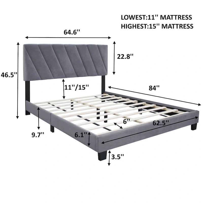 Lit plateforme queen capitonné gris avec tête de lit réglable – 2 personnes