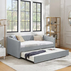 Lit de repos simple rembourré en lin gris avec détails à rayures verticales et lit gigogne coulissant – 1 personne