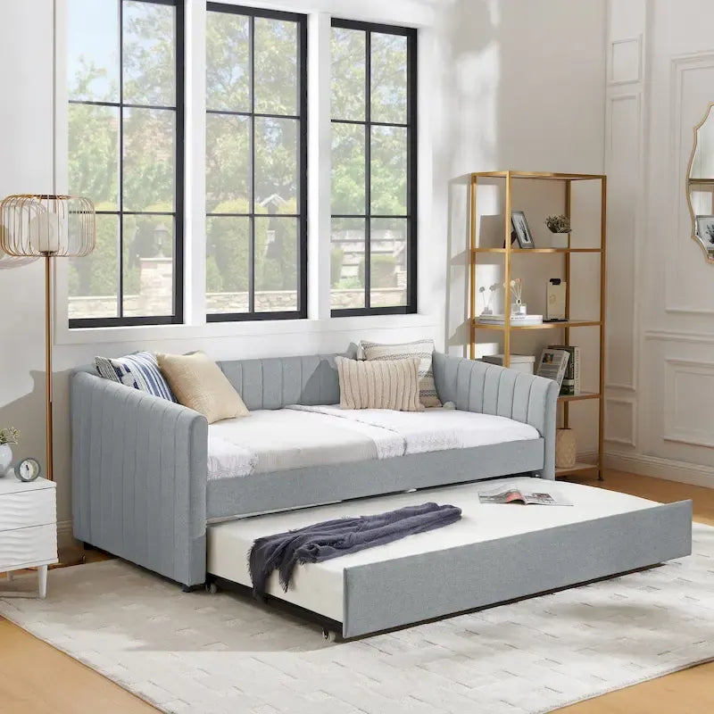Lit de repos simple rembourré en lin gris avec détails à rayures verticales et lit gigogne coulissant – 1 personne