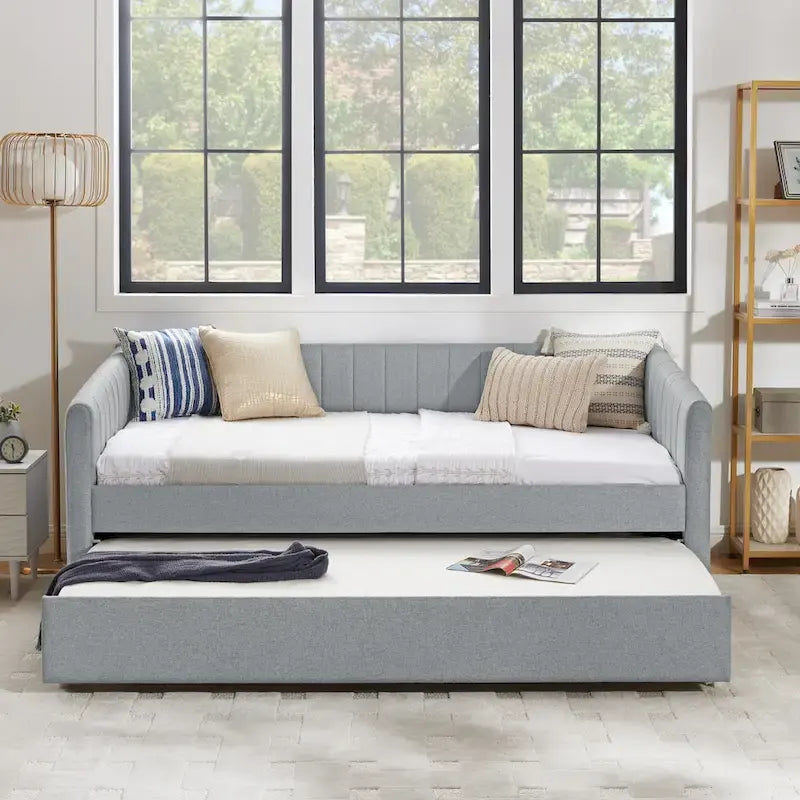 Lit de repos simple rembourré en lin gris avec détails à rayures verticales et lit gigogne coulissant – 1 personne