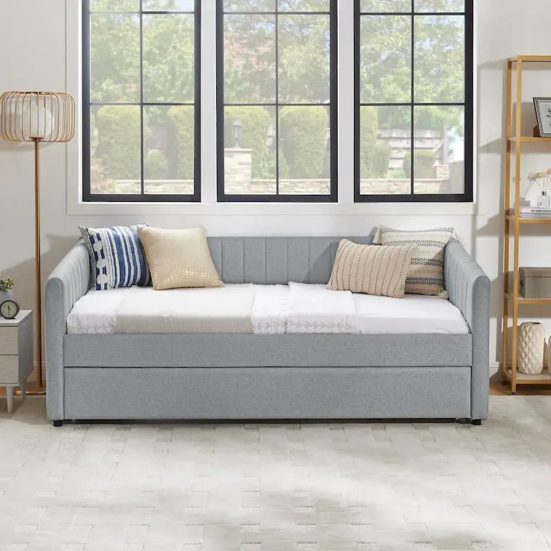 Lit de repos simple rembourré en lin gris avec détails à rayures verticales et lit gigogne coulissant – 1 personne