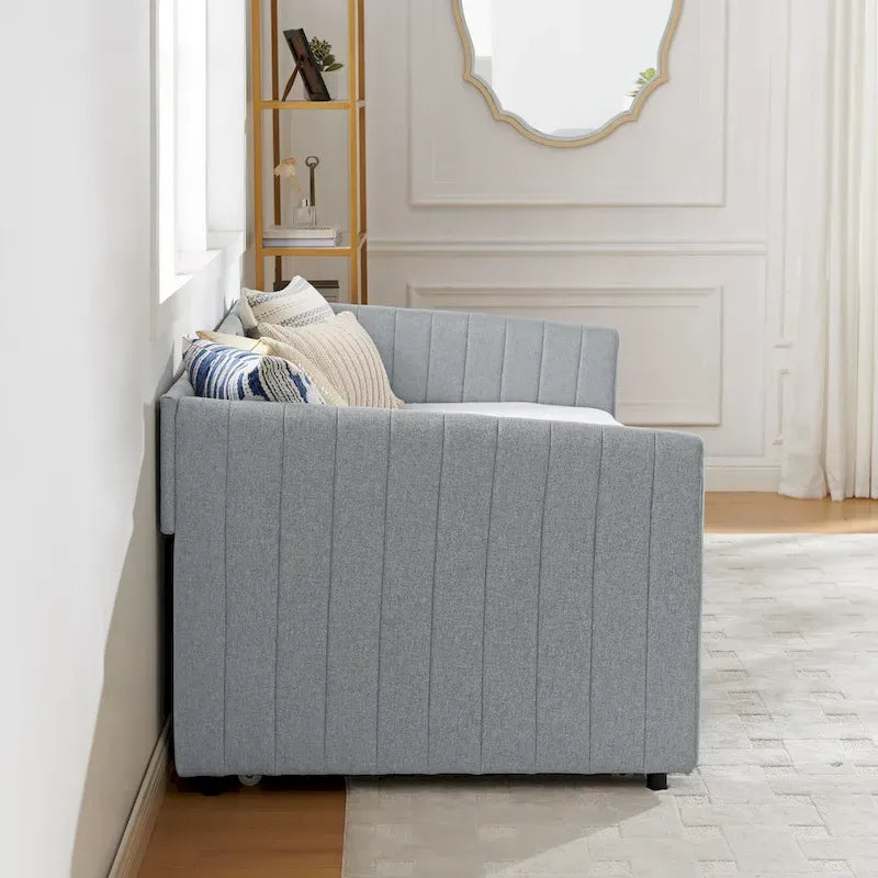 Lit de repos simple rembourré en lin gris avec détails à rayures verticales et lit gigogne coulissant – 1 personne
