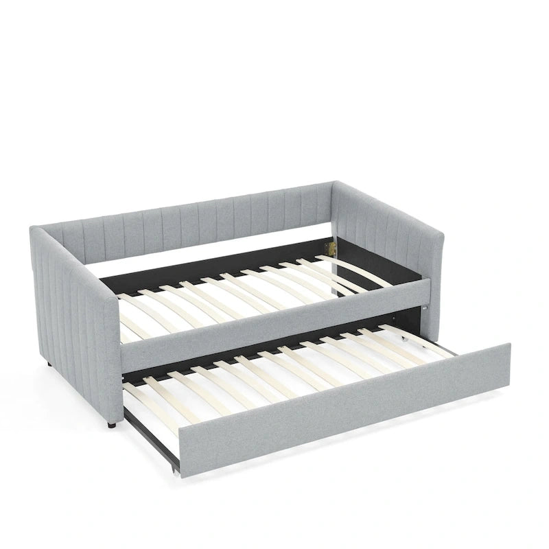 Lit de repos simple rembourré en lin gris avec détails à rayures verticales et lit gigogne coulissant – 1 personne