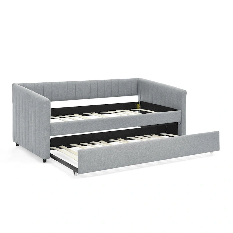Lit de repos simple rembourré en lin gris avec détails à rayures verticales et lit gigogne coulissant – 1 personne