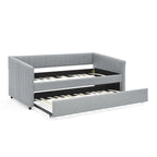 Lit de repos simple rembourré en lin gris avec détails à rayures verticales et lit gigogne coulissant – 1 personne