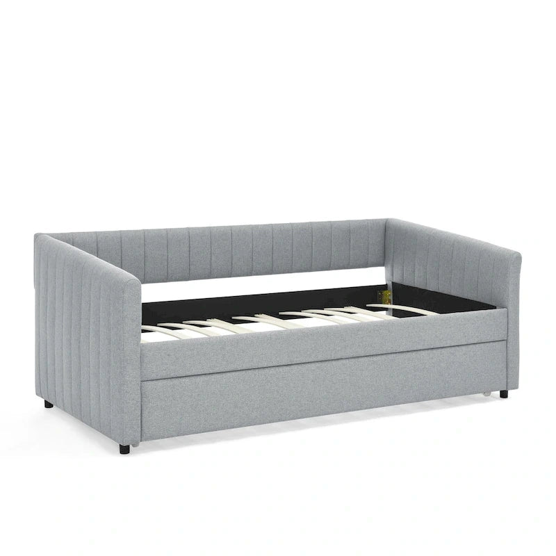 Lit de repos simple rembourré en lin gris avec détails à rayures verticales et lit gigogne coulissant – 1 personne