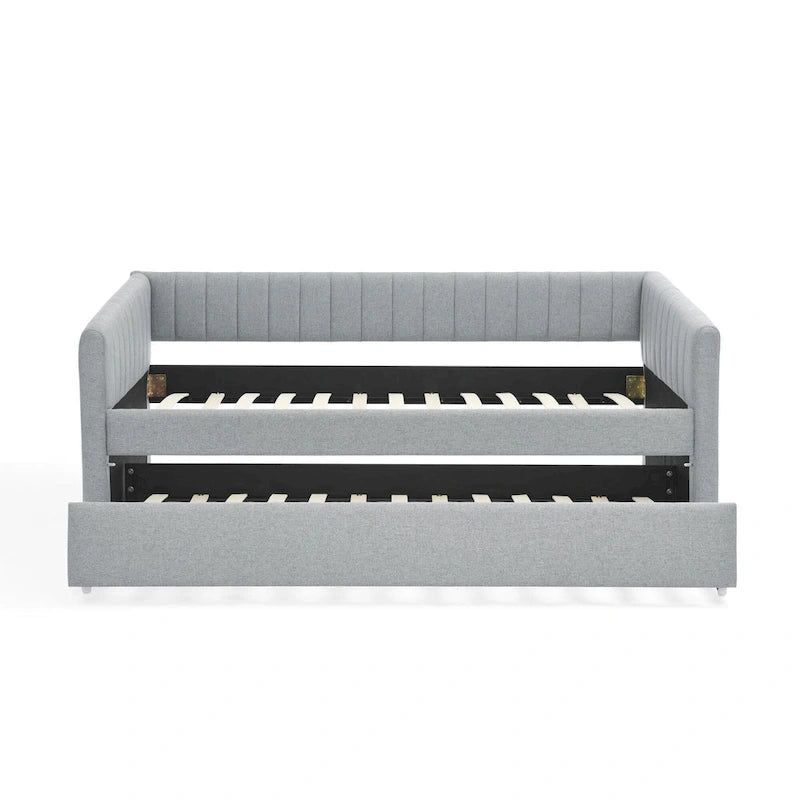 Lit de repos simple rembourré en lin gris avec détails à rayures verticales et lit gigogne coulissant – 1 personne