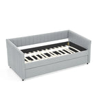 Lit de repos simple rembourré en lin gris avec détails à rayures verticales et lit gigogne coulissant – 1 personne