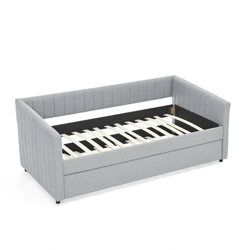 Lit de repos simple rembourré en lin gris avec détails à rayures verticales et lit gigogne coulissant – 1 personne