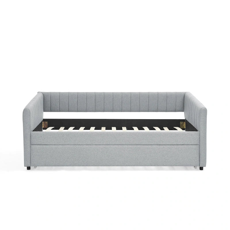 Lit de repos simple rembourré en lin gris avec détails à rayures verticales et lit gigogne coulissant – 1 personne