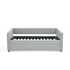 Lit de repos simple rembourré en lin gris avec détails à rayures verticales et lit gigogne coulissant – 1 personne