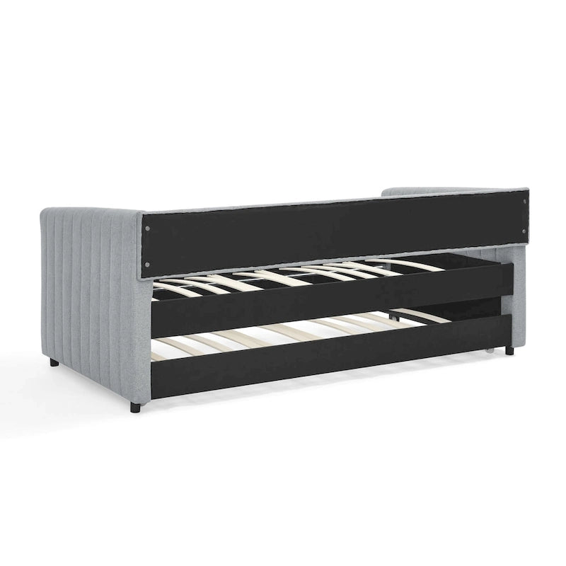 Lit de repos simple rembourré en lin gris avec détails à rayures verticales et lit gigogne coulissant – 1 personne