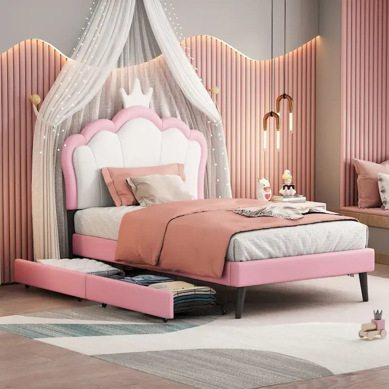 Lit plateforme rembourré en PU rose/blanc avec tête de lit capitonnée et 2 tiroirs de rangement – Lit simple / Lit double – 1 personne