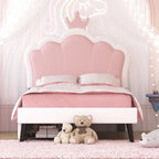 Lit plateforme rembourré en PU rose/blanc avec tête de lit capitonnée et 2 tiroirs de rangement – Lit simple / Lit double – 1 personne