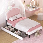 Lit plateforme rembourré en PU rose/blanc avec tête de lit capitonnée et 2 tiroirs de rangement – Lit simple / Lit double – 1 personne