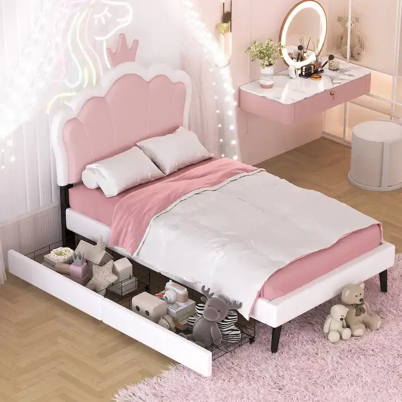 Lit plateforme rembourré en PU rose/blanc avec tête de lit capitonnée et 2 tiroirs de rangement – Lit simple / Lit double – 1 personne