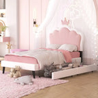Lit plateforme rembourré en PU rose/blanc avec tête de lit capitonnée et 2 tiroirs de rangement – Lit simple / Lit double – 1 personne