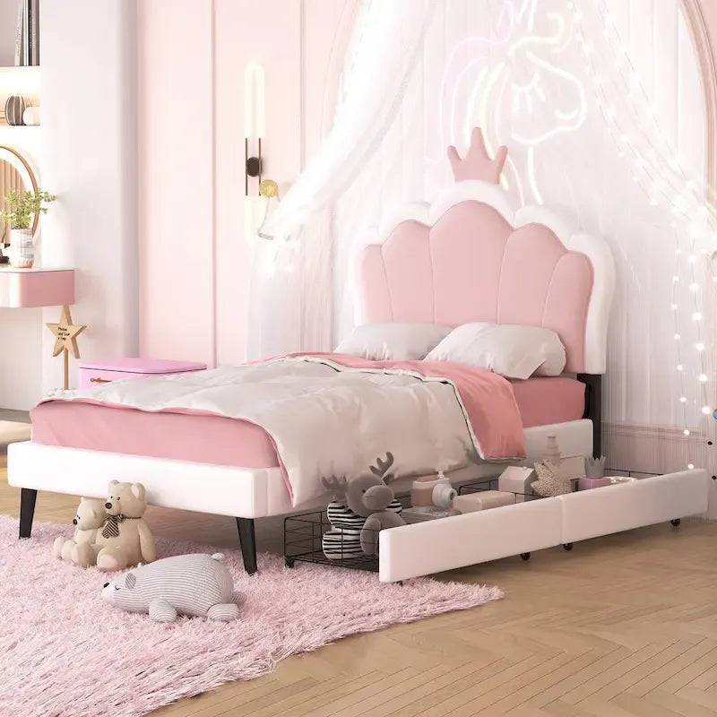 Lit plateforme rembourré en PU rose/blanc avec tête de lit capitonnée et 2 tiroirs de rangement – Lit simple / Lit double – 1 personne