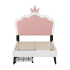 Lit plateforme rembourré en PU rose/blanc avec tête de lit capitonnée et 2 tiroirs de rangement – Lit simple / Lit double – 1 personne