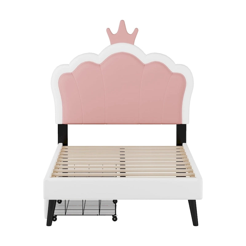 Lit plateforme rembourré en PU rose/blanc avec tête de lit capitonnée et 2 tiroirs de rangement – Lit simple / Lit double – 1 personne