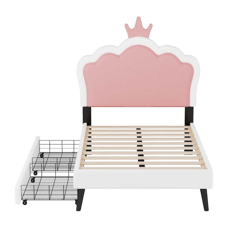 Lit plateforme rembourré en PU rose/blanc avec tête de lit capitonnée et 2 tiroirs de rangement – Lit simple / Lit double – 1 personne