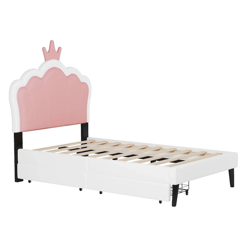 Lit plateforme rembourré en PU rose/blanc avec tête de lit capitonnée et 2 tiroirs de rangement – Lit simple / Lit double – 1 personne