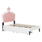 Lit plateforme rembourré en PU rose/blanc avec tête de lit capitonnée et 2 tiroirs de rangement – Lit simple / Lit double – 1 personne