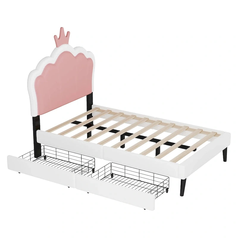 Lit plateforme rembourré en PU rose/blanc avec tête de lit capitonnée et 2 tiroirs de rangement – Lit simple / Lit double – 1 personne