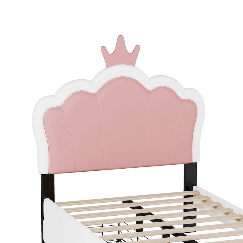 Lit plateforme rembourré en PU rose/blanc avec tête de lit capitonnée et 2 tiroirs de rangement – Lit simple / Lit double – 1 personne