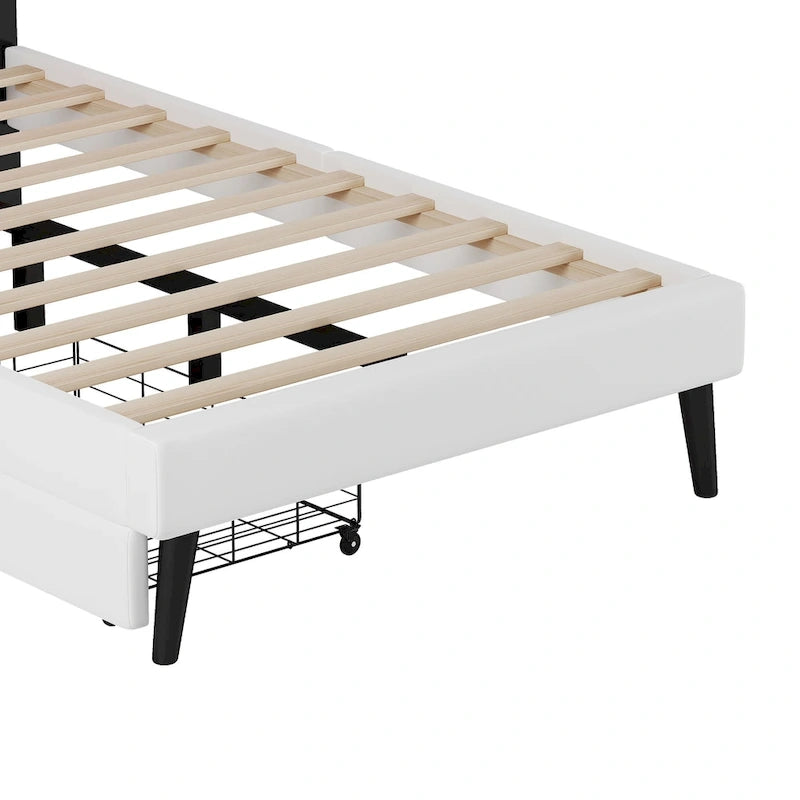 Lit plateforme rembourré en PU rose/blanc avec tête de lit capitonnée et 2 tiroirs de rangement – Lit simple / Lit double – 1 personne