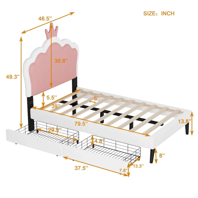 Lit plateforme rembourré en PU rose/blanc avec tête de lit capitonnée et 2 tiroirs de rangement – Lit simple / Lit double – 1 personne