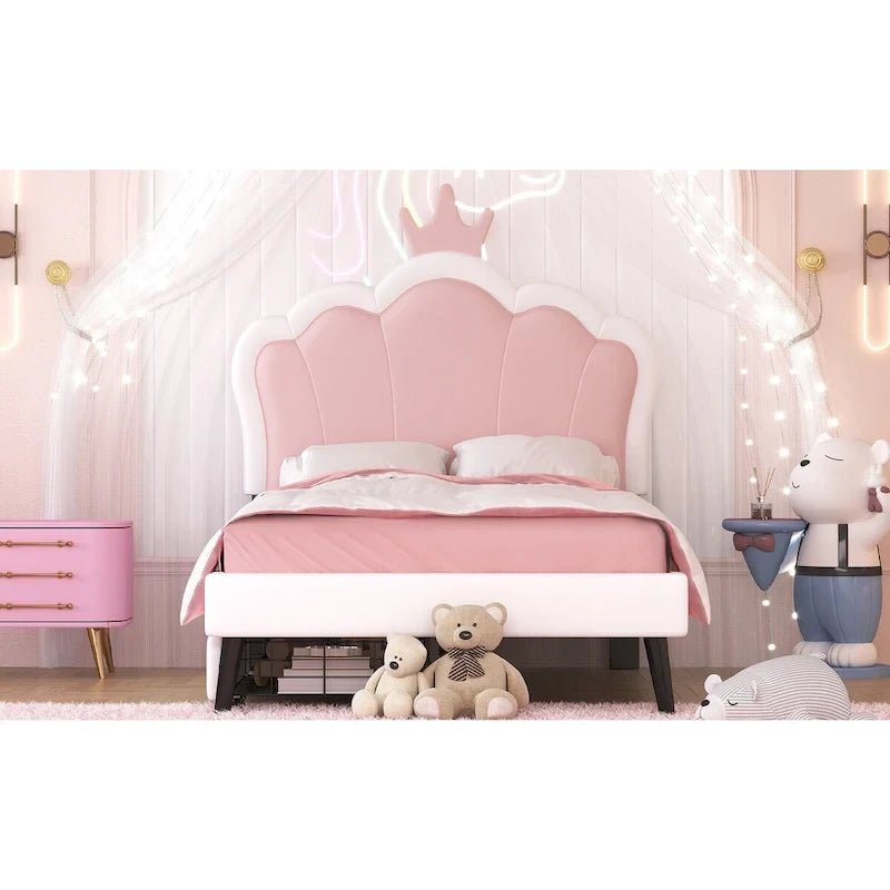 Lit plateforme rembourré en PU rose/blanc avec tête de lit capitonnée et 2 tiroirs de rangement – Lit simple / Lit double – 1 personne