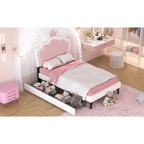 Lit plateforme rembourré en PU rose/blanc avec tête de lit capitonnée et 2 tiroirs de rangement – Lit simple / Lit double – 1 personne