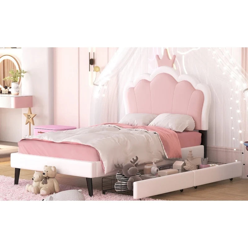 Lit plateforme rembourré en PU rose/blanc avec tête de lit capitonnée et 2 tiroirs de rangement – Lit simple / Lit double – 1 personne
