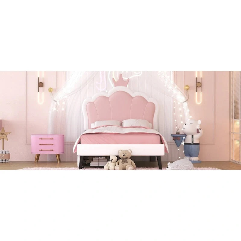 Lit plateforme rembourré en PU rose/blanc avec tête de lit capitonnée et 2 tiroirs de rangement – Lit simple / Lit double – 1 personne